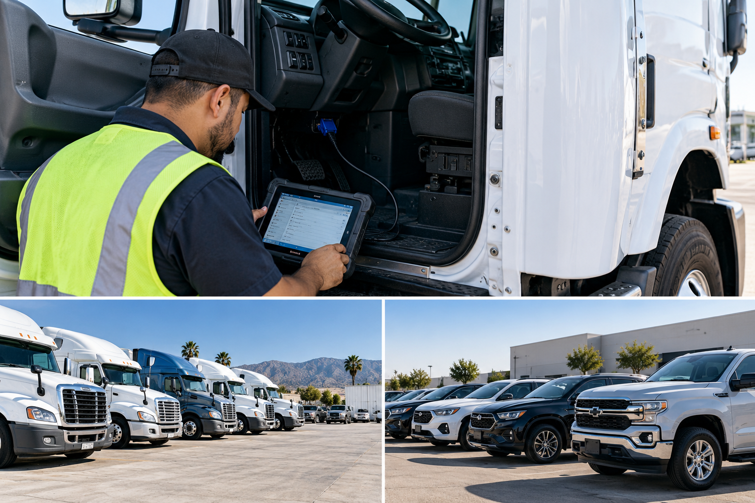 Technician performing a diagnostic test beside an open truck cab